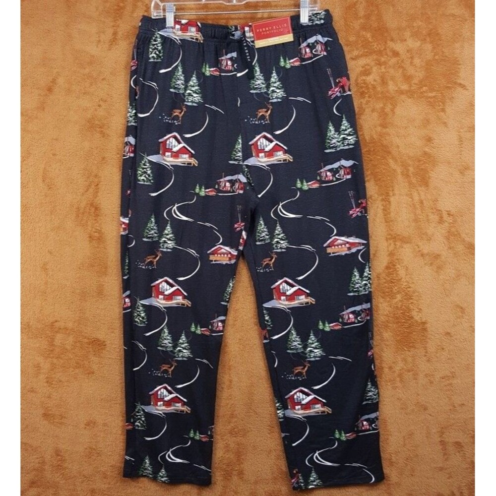 PERRY ELLIS Pajama Pants Large Charcoal Drawstring Winter Holidays Sleepwear PJs